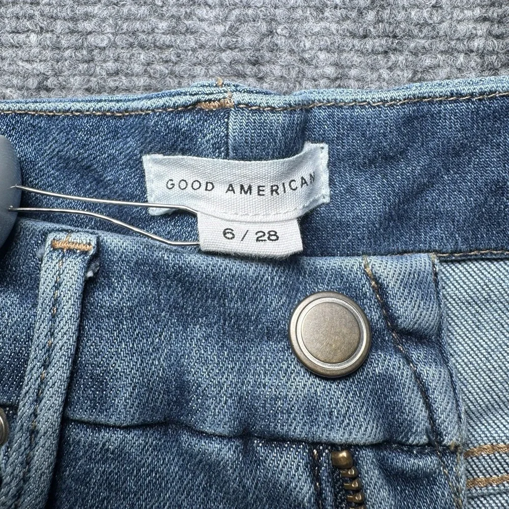 Good American Slim Straight Jeans Women 6/28 Blue Fade Denim Distressed 26x27